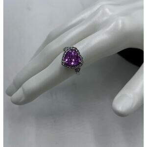 Sterling Silver Designer Stamped Pink Heart Faceted Topaz‎ CZ Halo Ring Sz 6.75